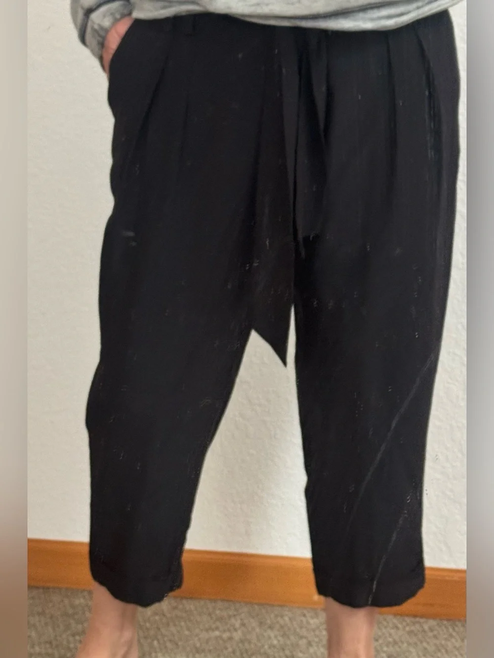Black Silk crop cuffed pleated pant with tie waist by Express Design Studios